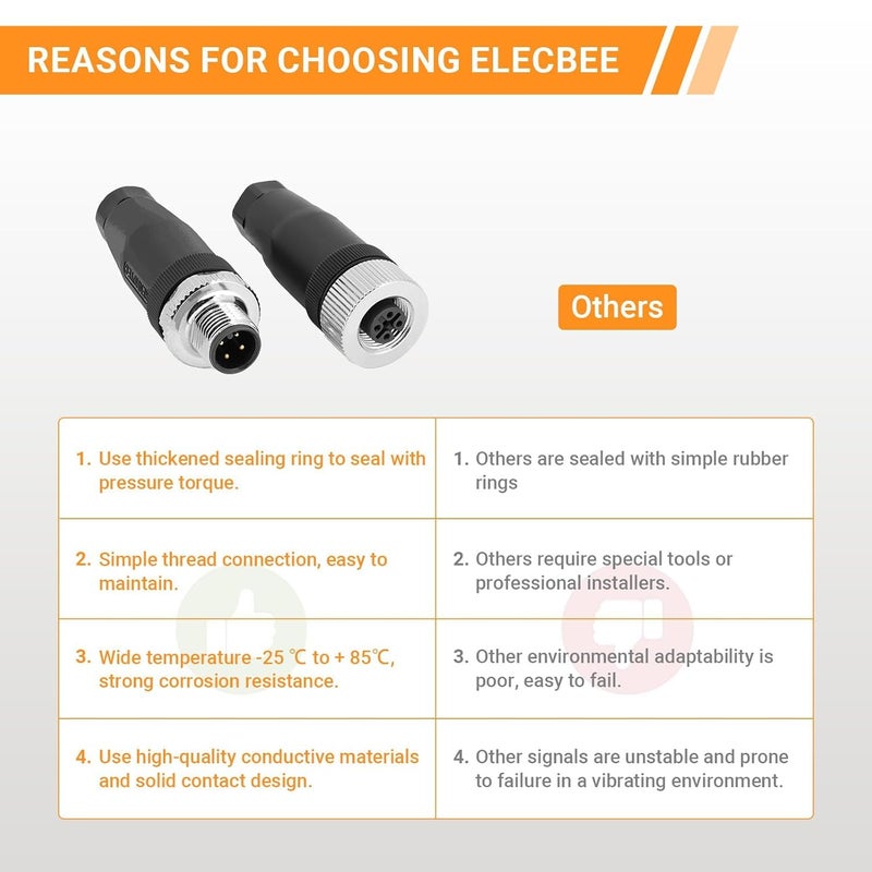 Elecbee 5PCS M12 4 Pin Connector Field Wireable A Code Straight Male Plug Non-Shield 12mm Industrial Circular Connector, Outdoor Waterproof IP67 - Image 3